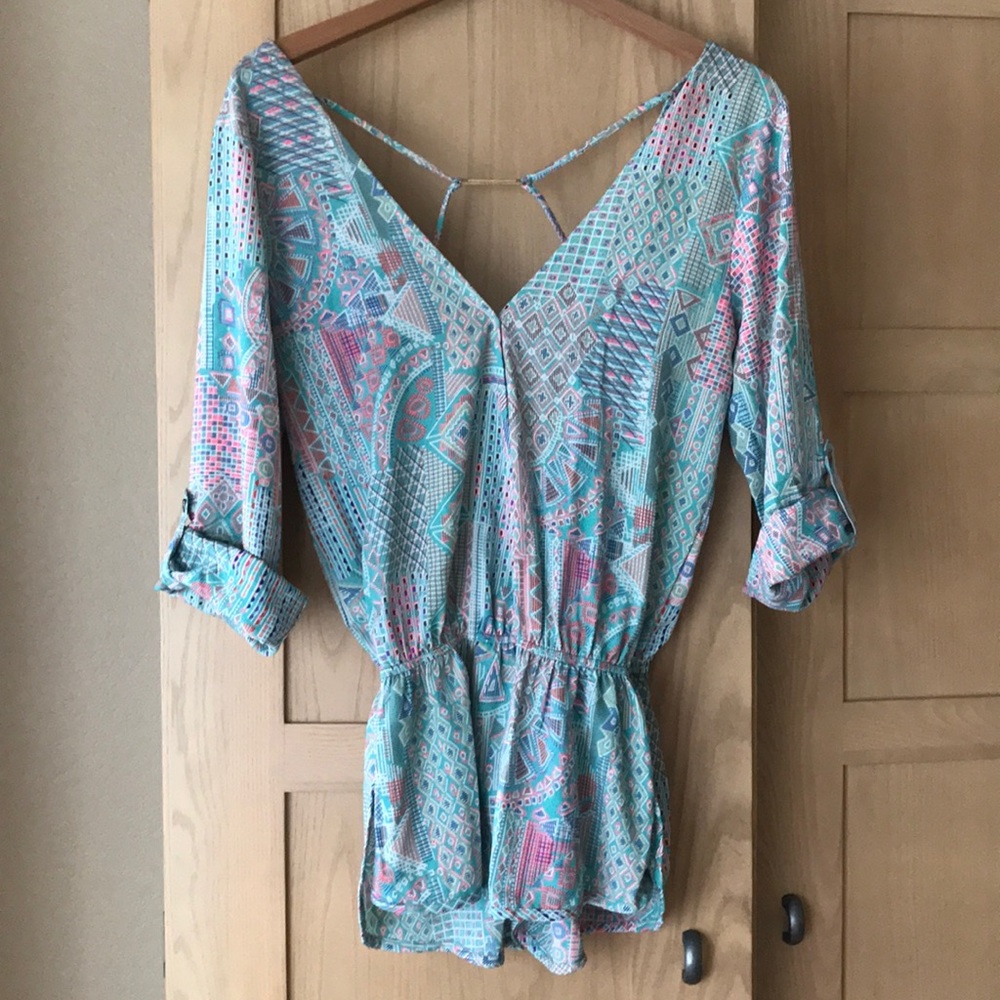 Beach Bunny Romper Aztec Print Aqua Blue Swim Coverup 3/4 Sleeve  XS🇺🇸